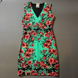 FUZZI Sleeveless V Neck Sheath Dress Medium Floral Print Green Made Italy